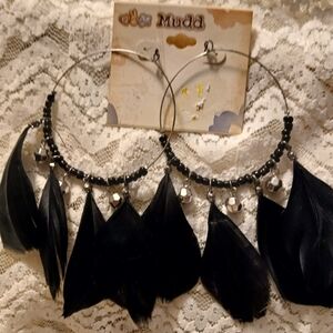 Mudd Black and Silver Feather Large Hoop Earrings NWT